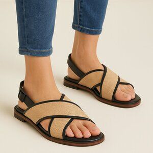 L’idea by Lori Criss Cross Woven Slingback Sandals Size 7.5 Black Tan Casual Ele